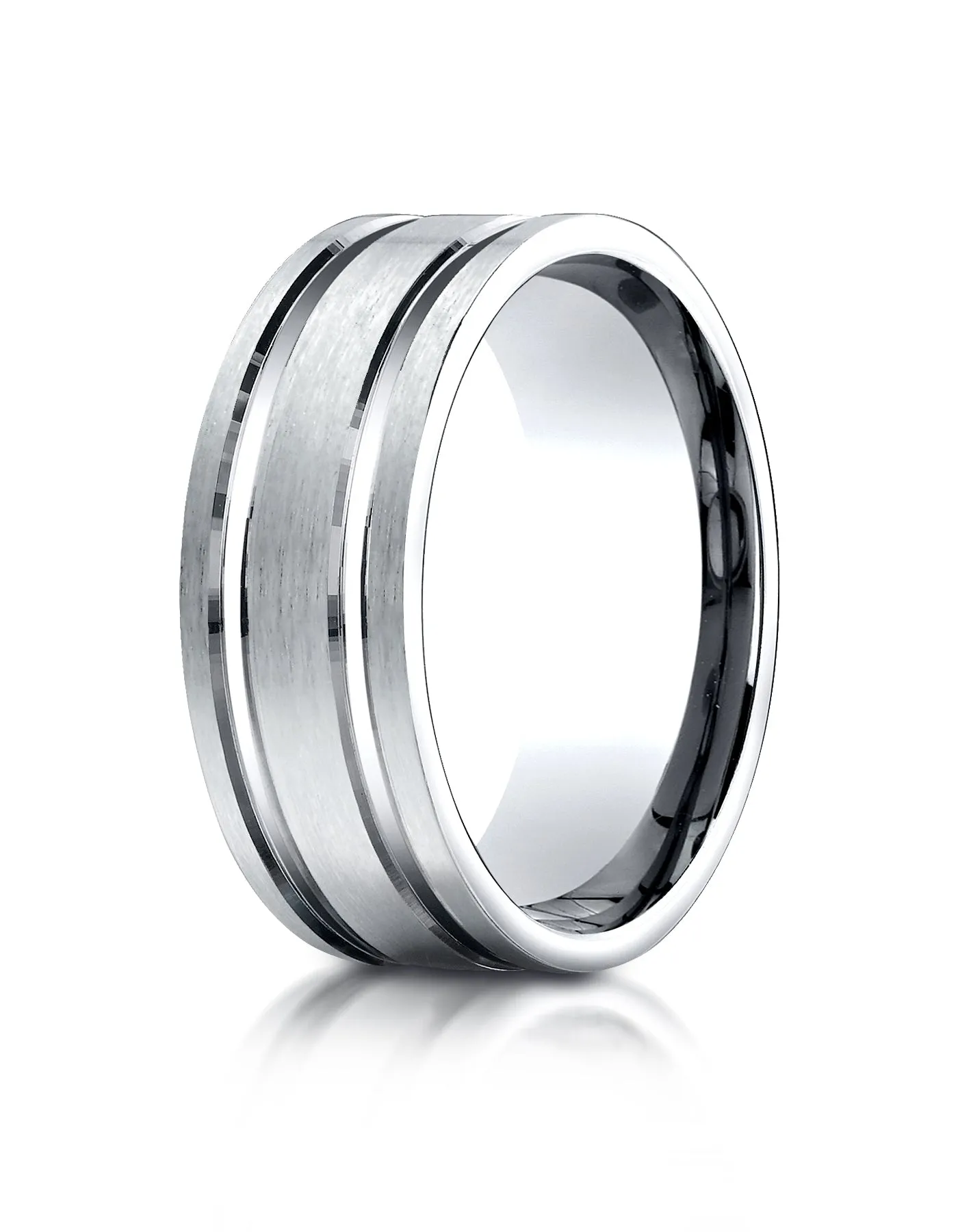 Benchmark 14K White Gold 8mm Comfort-Fit Satin-Finished with Parallel Grooves Carved Design Wedding Band