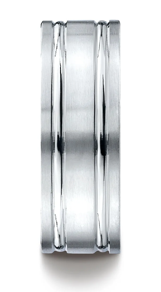Benchmark 14K White Gold 8mm Comfort-Fit Satin-Finished with Parallel Grooves Carved Design Wedding Band