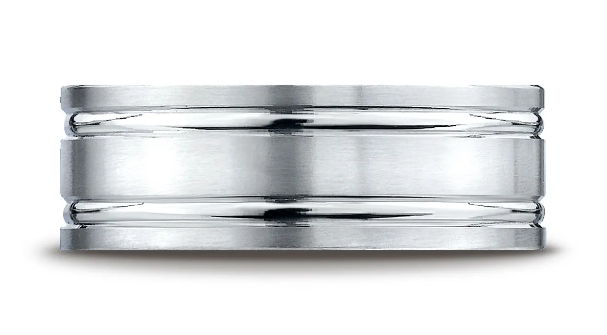 Benchmark 14K White Gold 8mm Comfort-Fit Satin-Finished with Parallel Grooves Carved Design Wedding Band