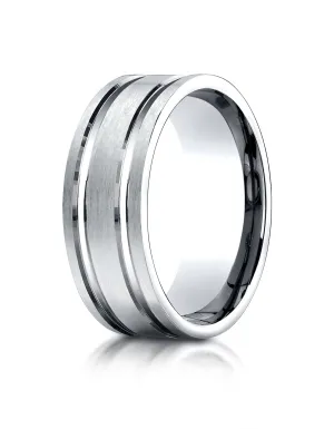 Benchmark 14K White Gold 8mm Comfort-Fit Satin-Finished with Parallel Grooves Carved Design Wedding Band