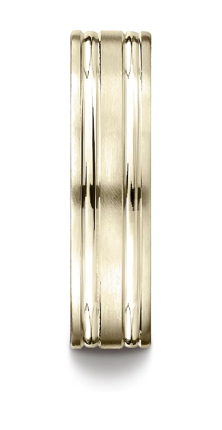 Benchmark 14K Yellow Gold 6mm Comfort-Fit Satin-Finished w/  Parallel Grooves Carved Design Wedding Band