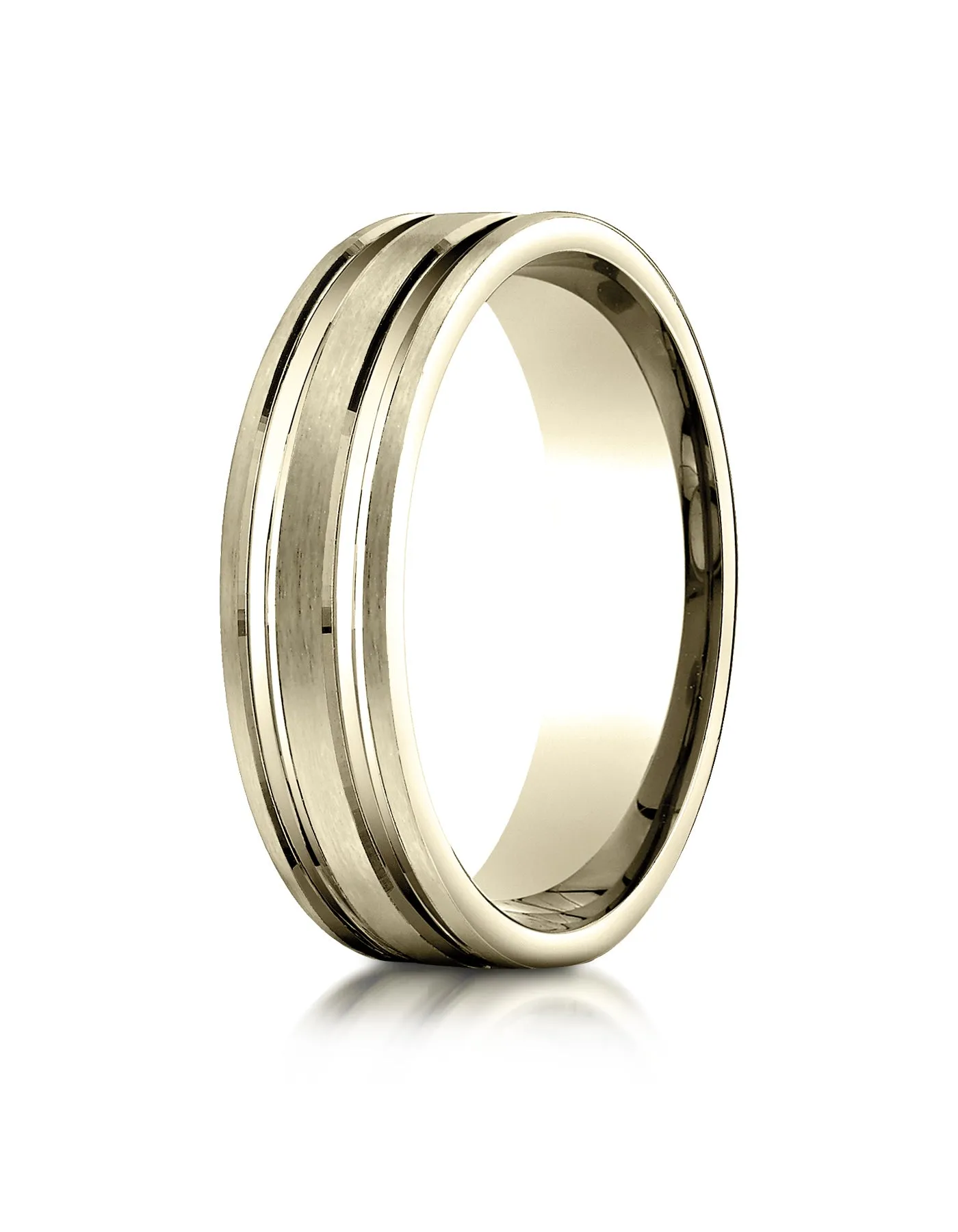 Benchmark 14K Yellow Gold 6mm Comfort-Fit Satin-Finished w/  Parallel Grooves Carved Design Wedding Band