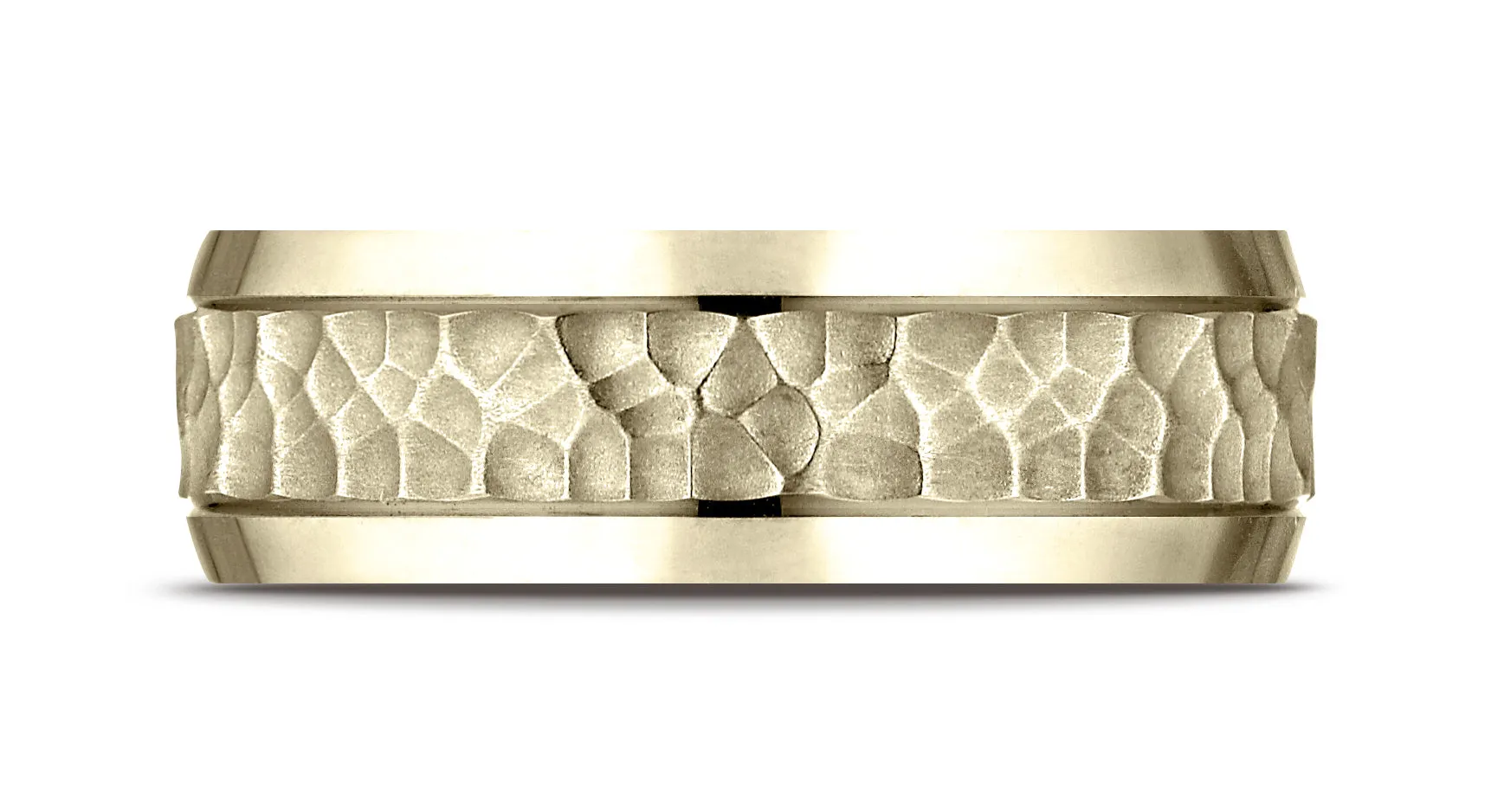 Benchmark 14K Yellow Gold 7.5mm Comfort-Fit Hammered Finish Beveled Edge Design Wedding Band Ring