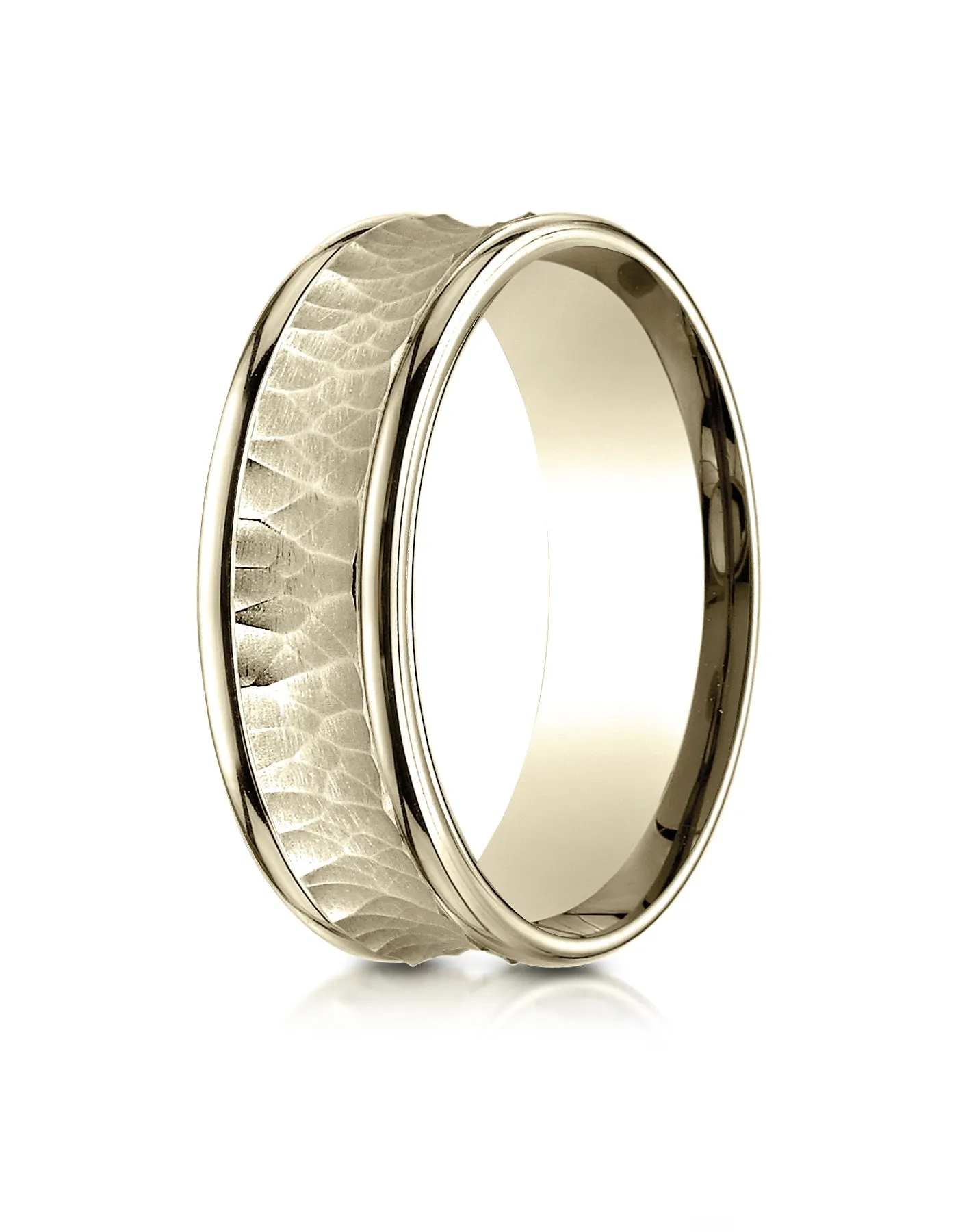 Benchmark 14K Yellow Gold 7.5mm Comfort-Fit Hammered Finish Concave Center Design Wedding Band Ring