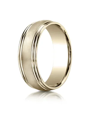 Benchmark 14K Yellow Gold 7.5mm Comfort-Fit Satin-Finished Double Round Edge Carved Design Wedding Band