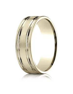 Benchmark 14k Yellow Gold 7mm Comfort-Fit Satin-Finish with Parallel Grooves Carved Design Band, (4-15)