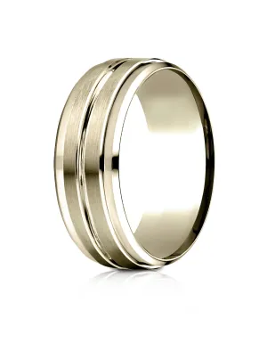 Benchmark 14k Yellow Gold 8mm Comfort-Fit Drop Bevel Satin Center Cut Design Band, (Sizes 4-15)