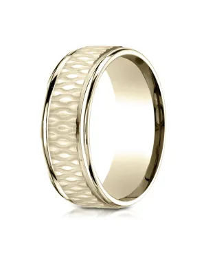 Benchmark 14K Yellow Gold 8mm Comfort-Fit Round Edge Patterned Design Wedding Band Ring (Sizes 4 - 15 )