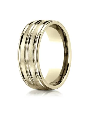 Benchmark 14K Yellow Gold 8mm Comfort-Fit with High Polish Center Trim and Round Edge Carved Design Ring