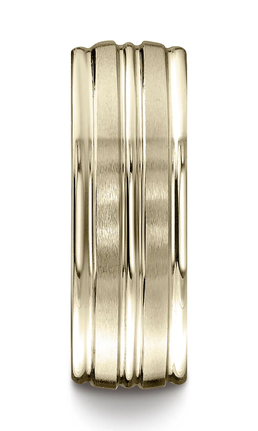 Benchmark 14K Yellow Gold 8mm Comfort-Fit with High Polish Center Trim and Round Edge Carved Design Ring