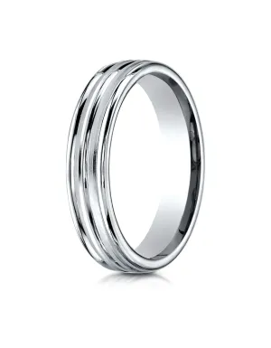 Benchmark 18K White Gold 4mm Comfort-Fit with High Polish Center Trim and Round Edge Carved Design Ring