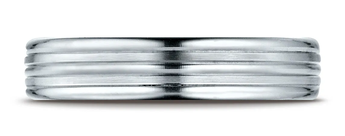 Benchmark 18K White Gold 4mm Comfort-Fit with High Polish Center Trim and Round Edge Carved Design Ring