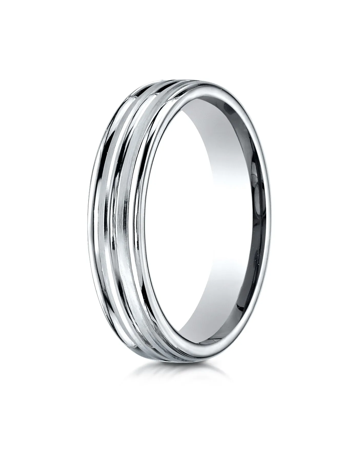 Benchmark 18K White Gold 4mm Comfort-Fit with High Polish Center Trim and Round Edge Carved Design Ring