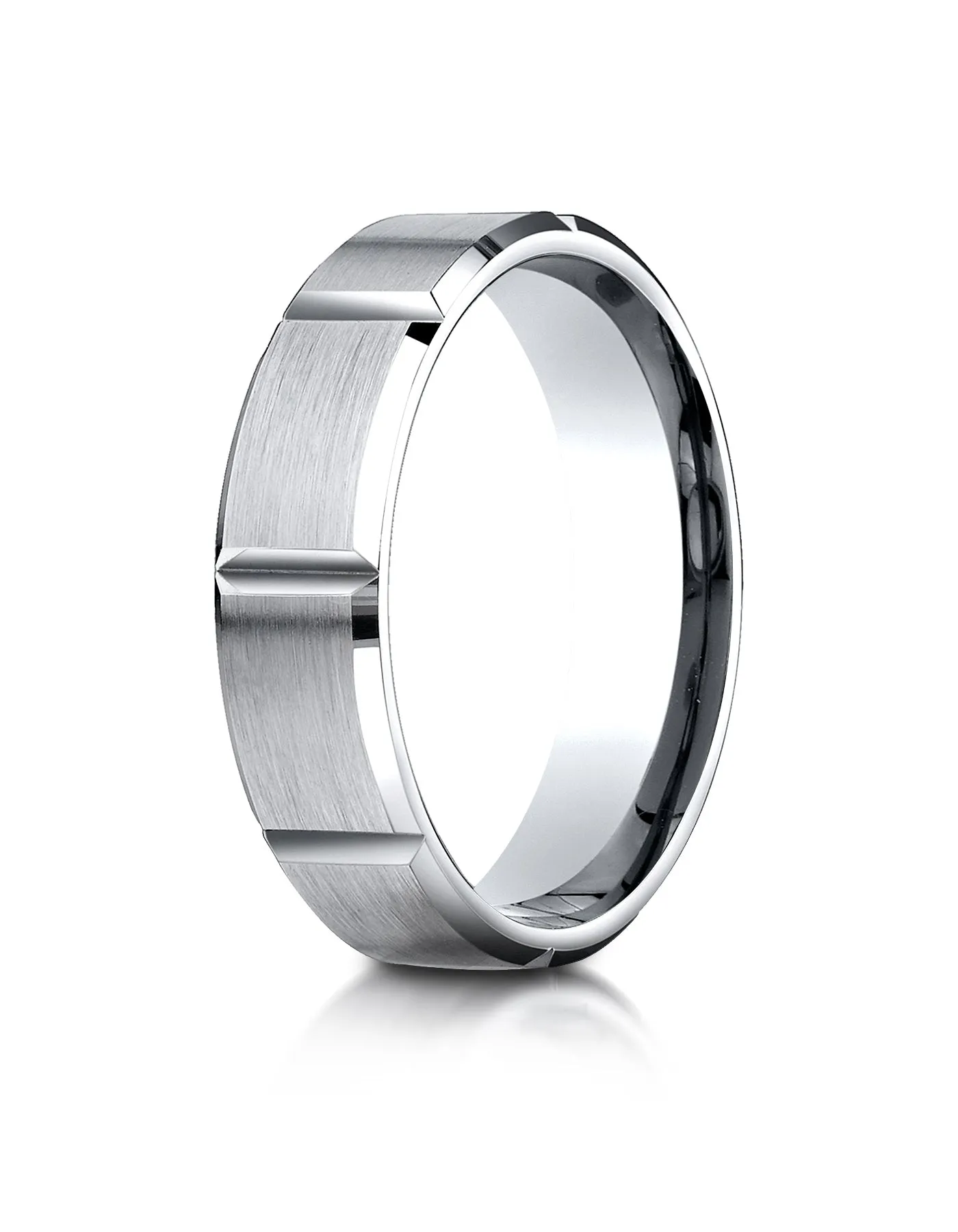 Benchmark 18K White Gold 6mm Comfort-Fit Satin-Finished Grooves Carved Design Wedding Band Ring