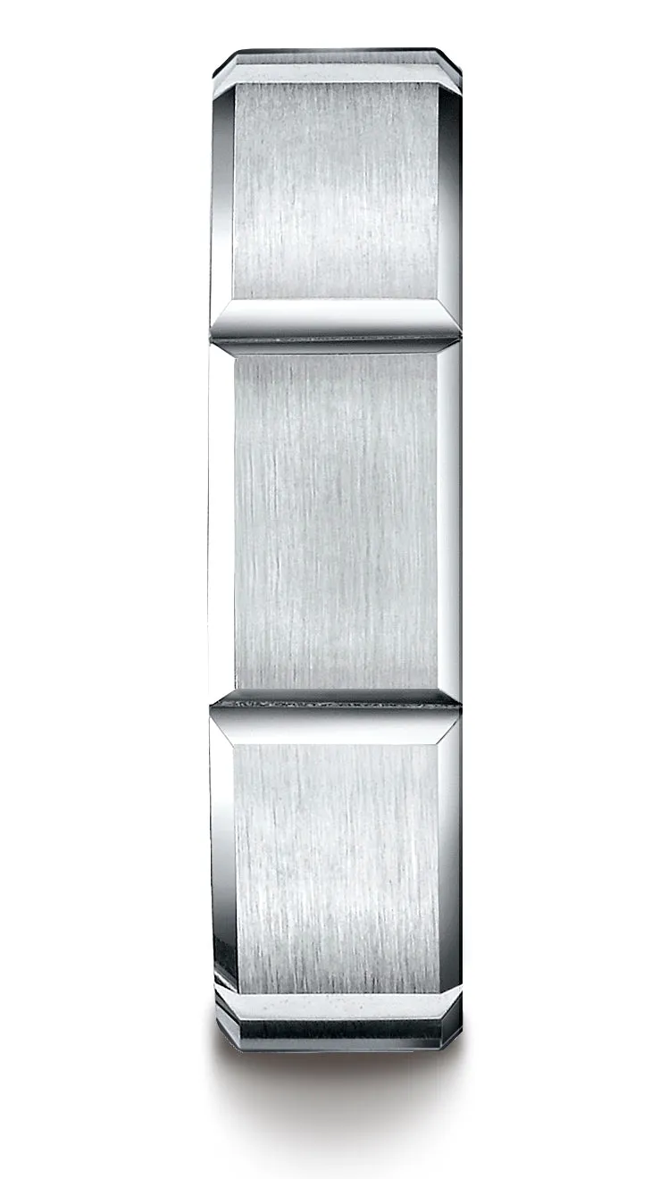 Benchmark 18K White Gold 6mm Comfort-Fit Satin-Finished Grooves Carved Design Wedding Band Ring