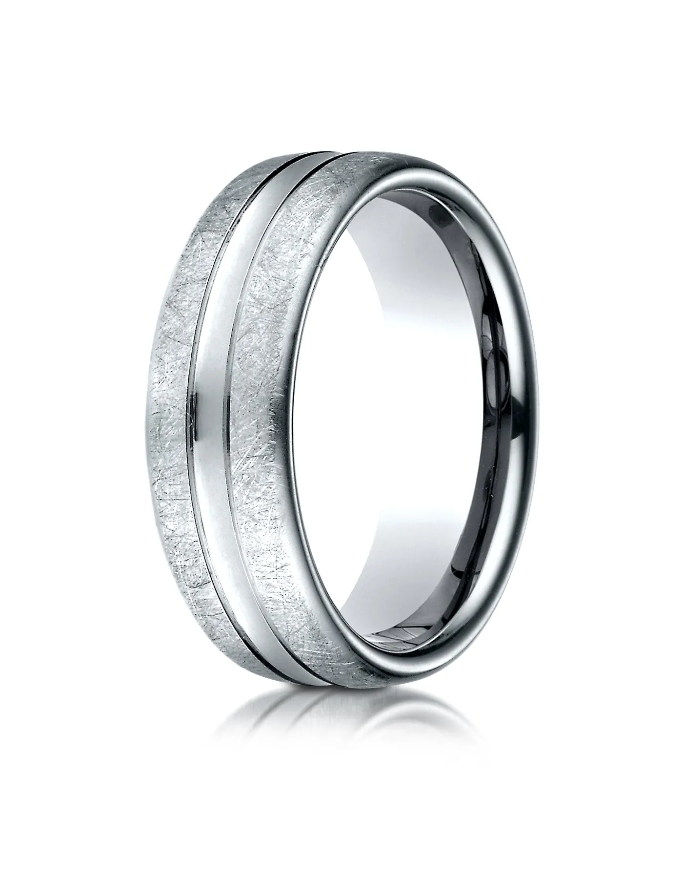 Benchmark 18K White Gold 7.5mm Comfort-Fit Swirled Finish Center Convex Cut Design Wedding Band Ring