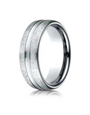 Benchmark 18K White Gold 7.5mm Comfort-Fit Swirled Finish Center Convex Cut Design Wedding Band Ring