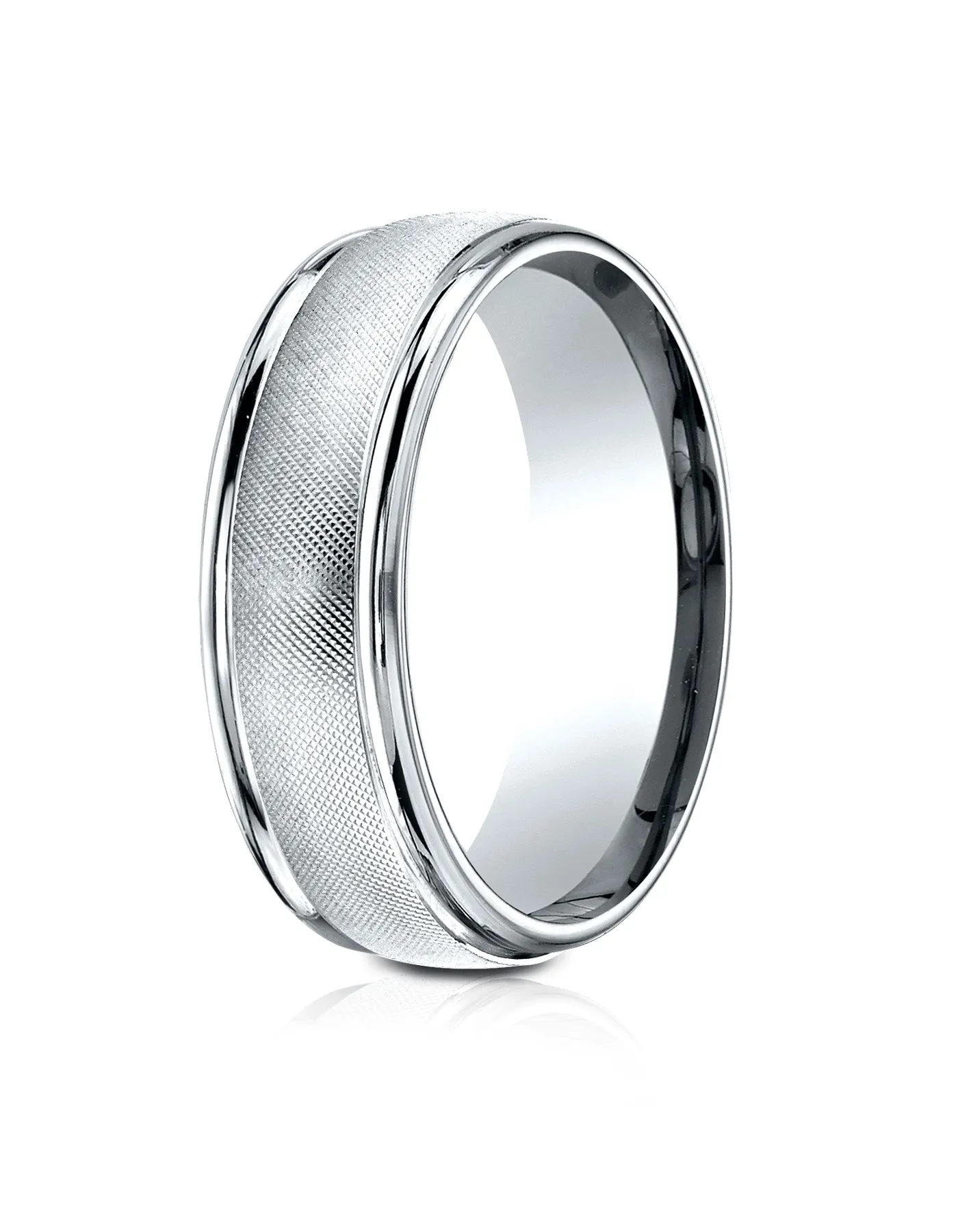Benchmark 18k White Gold 7mm Comfort-Fit Florentine Center High Polish Round Edge Design Band, (4-15)