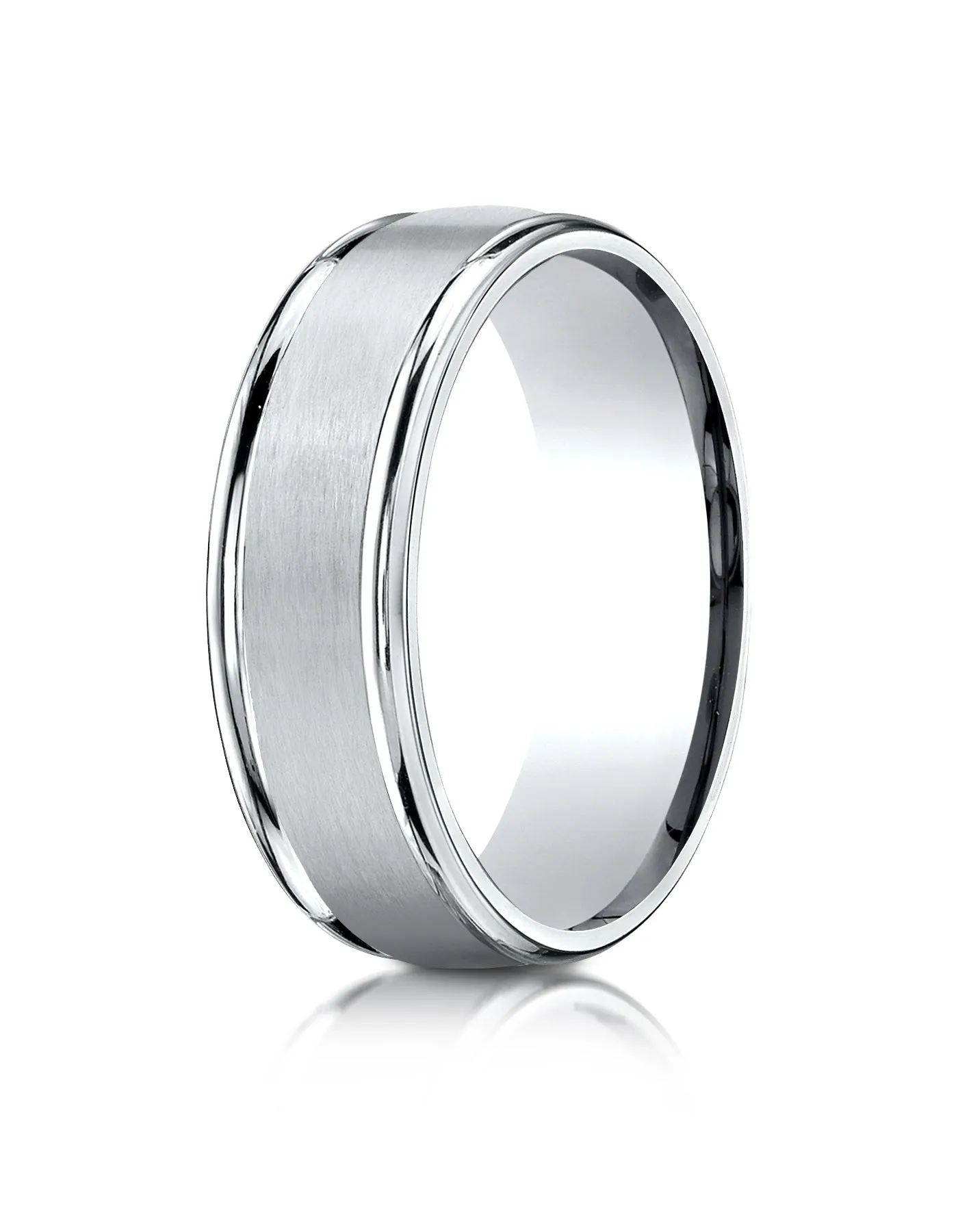 Benchmark 18k White Gold 7mm Comfort-Fit Satin Finish High Polished Round Edge Carved Design Band (4-15)