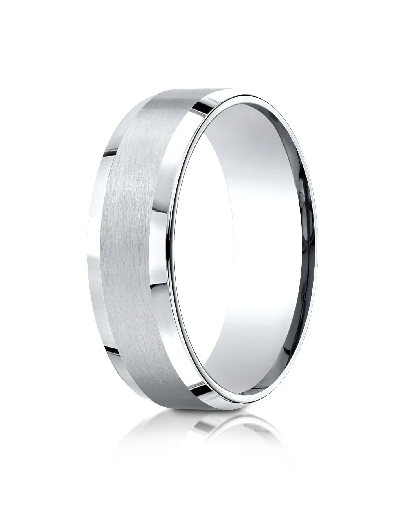 Benchmark 18k White Gold 7mm Comfort-Fit Satin-Finish w/ High Polish Beveled Edge Carved Design Band