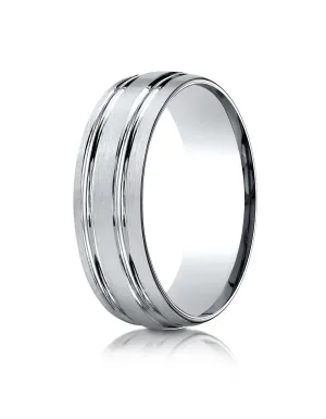 Benchmark 18k White Gold 7mm Comfort-Fit Satin-Finished w/ Parallel Grooves Carved Design Band (Sizes 4-15)
