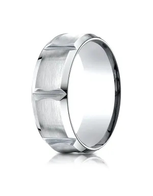 Benchmark 18K White Gold 8mm Comfort-Fit Beveled Edge Concave with Horizontal Cuts Carved Design Ring