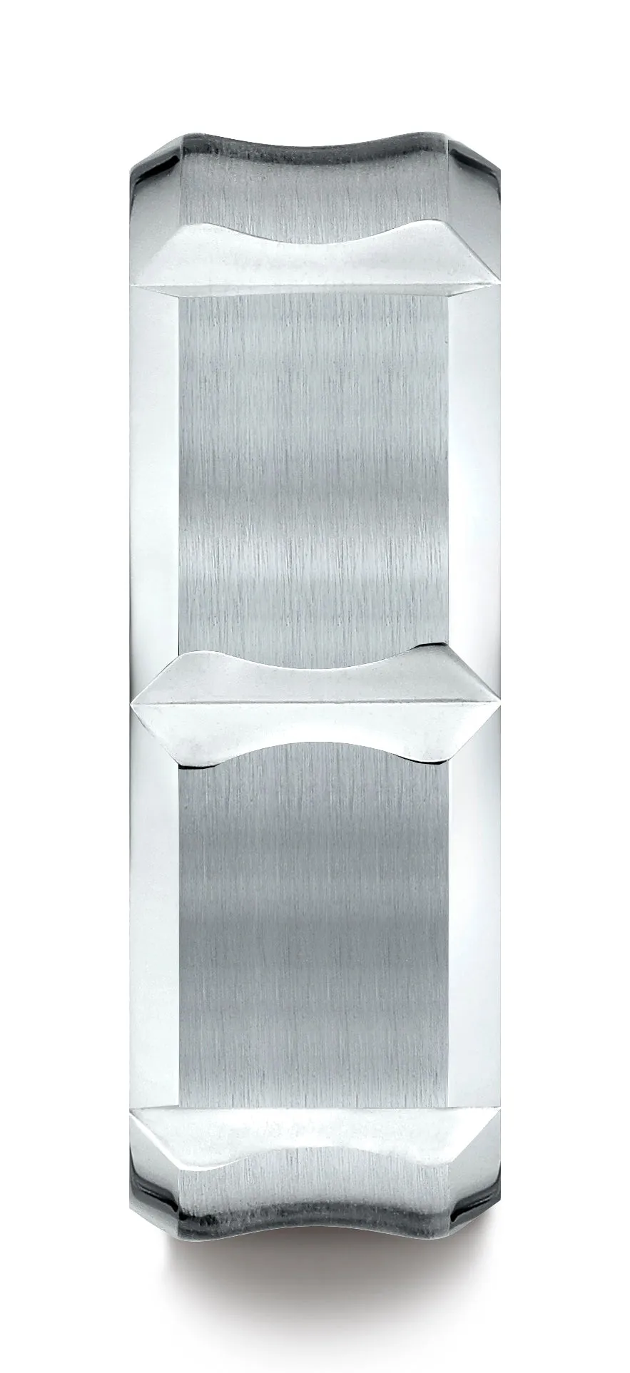 Benchmark 18K White Gold 8mm Comfort-Fit Beveled Edge Concave with Horizontal Cuts Carved Design Ring