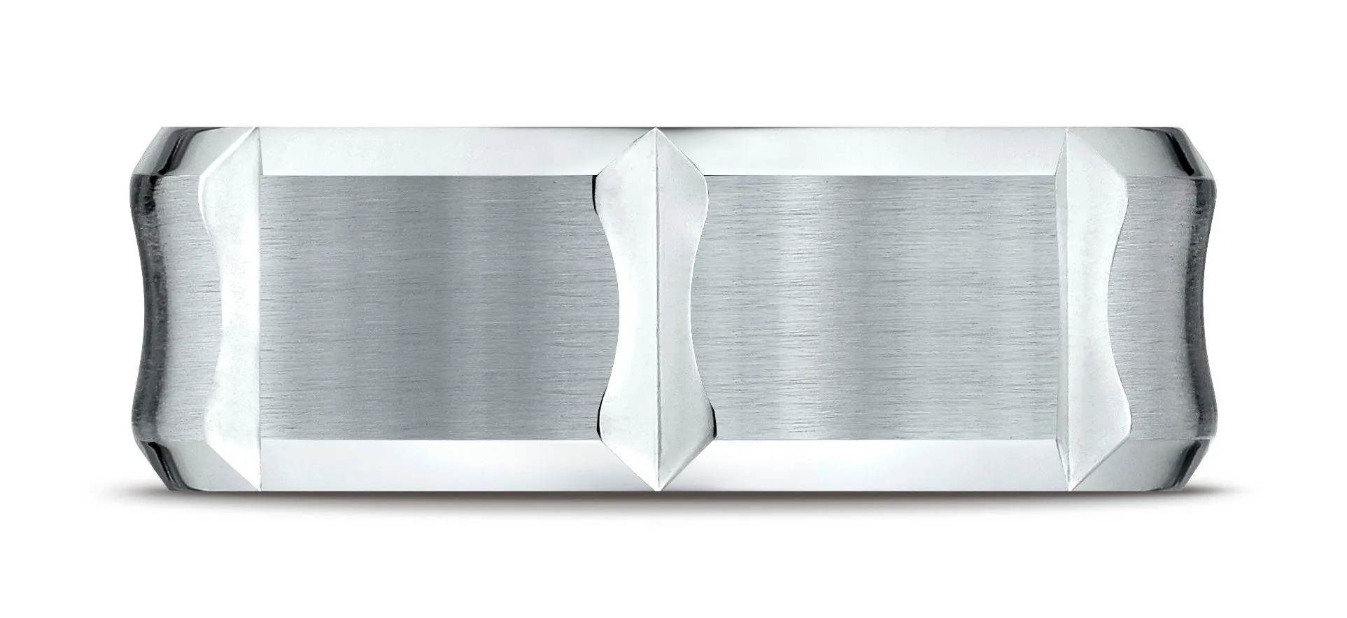 Benchmark 18K White Gold 8mm Comfort-Fit Beveled Edge Concave with Horizontal Cuts Carved Design Ring