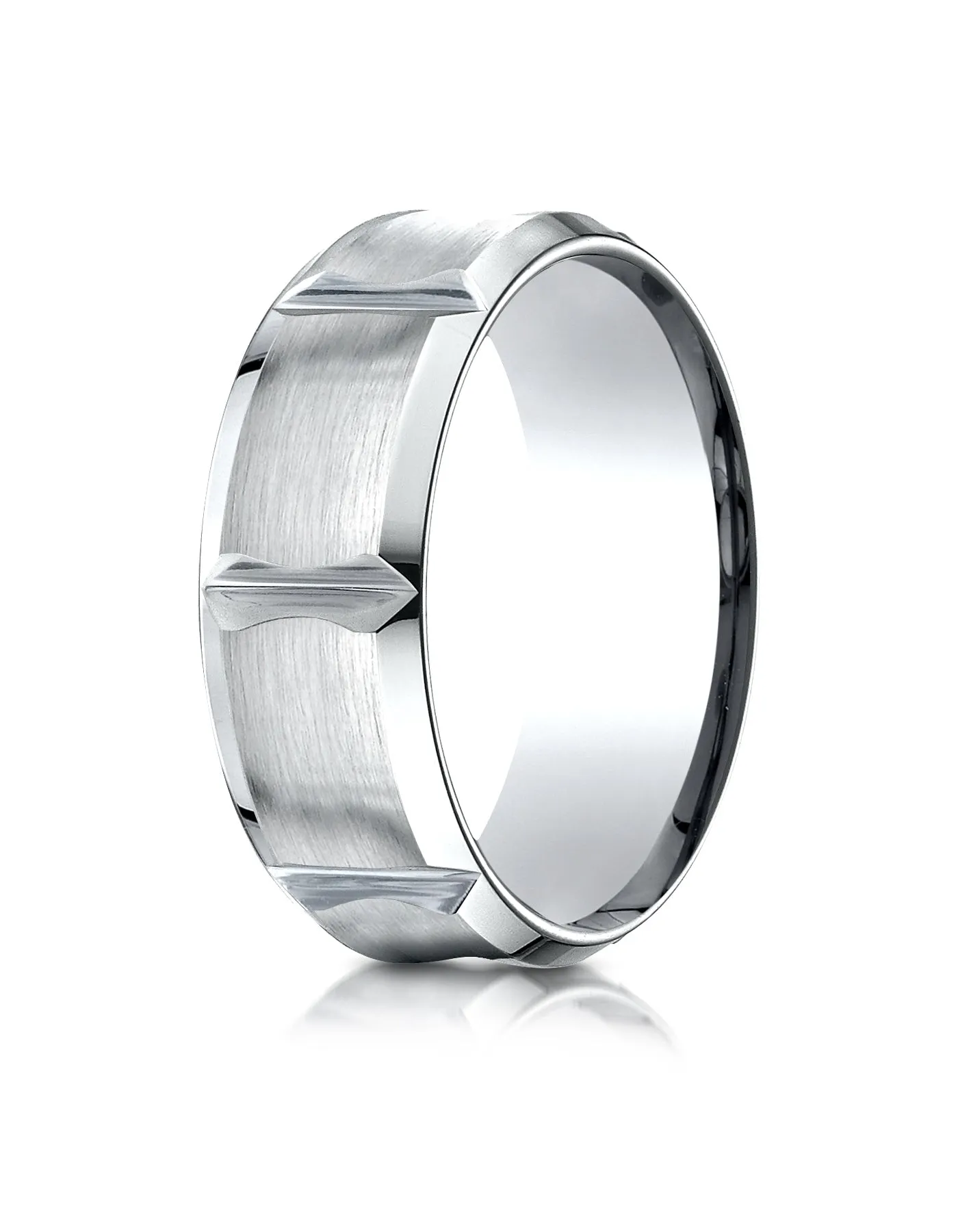 Benchmark 18K White Gold 8mm Comfort-Fit Beveled Edge Concave with Horizontal Cuts Carved Design Ring