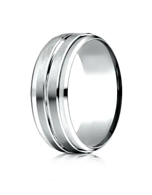 Benchmark 18k White Gold 8mm Comfort-Fit Drop Bevel Satin Center Cut Design Band, (Sizes 4-15)