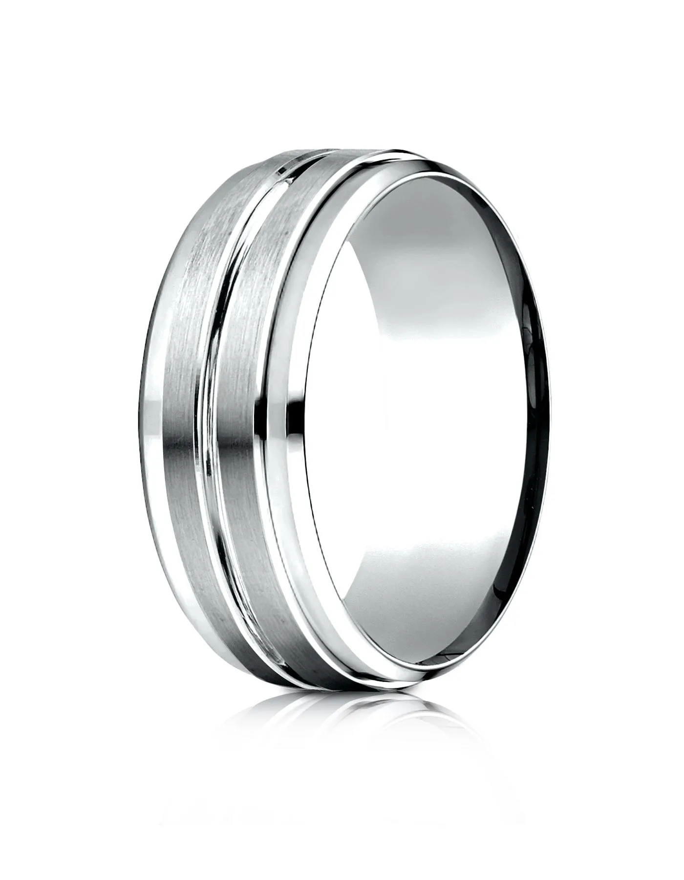 Benchmark 18k White Gold 8mm Comfort-Fit Drop Bevel Satin Center Cut Design Band, (Sizes 4-15)