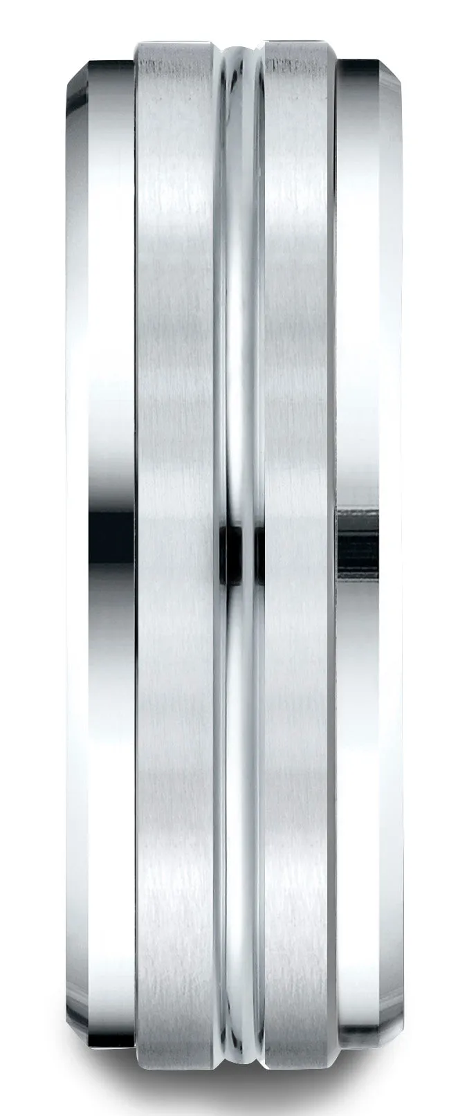 Benchmark 18k White Gold 8mm Comfort-Fit Drop Bevel Satin Center Cut Design Band, (Sizes 4-15)