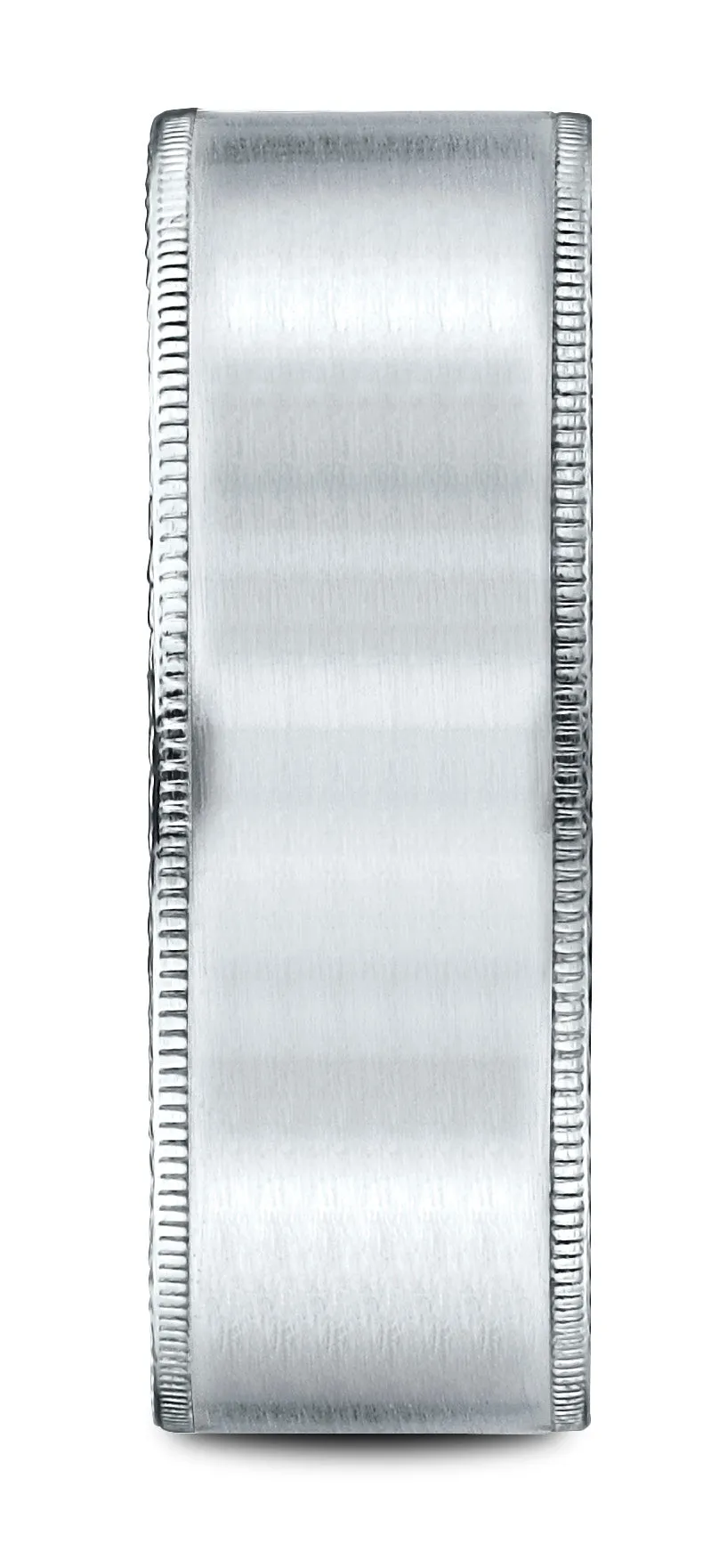Benchmark 18k White Gold 8mm Comfort-Fit Riveted Edge Satin Finish Design Band, (Sizes 4-15)