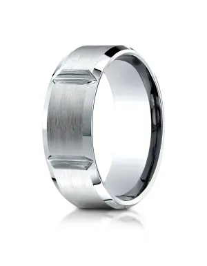Benchmark 18K White Gold 8mm Comfort-Fit Satin-Finished Grooves Carved Design Wedding Band Ring