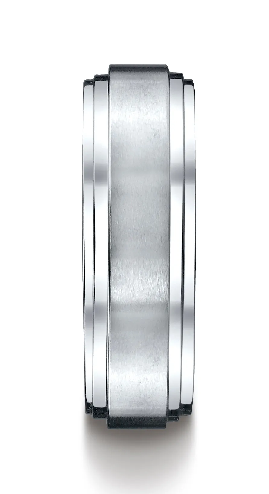Benchmark 18k White Gold 8mm Comfort-Fit Satin-Finished Step Edge Carved Design Band, (Sizes 4-15)