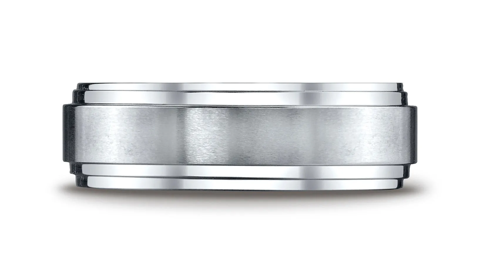 Benchmark 18k White Gold 8mm Comfort-Fit Satin-Finished Step Edge Carved Design Band, (Sizes 4-15)