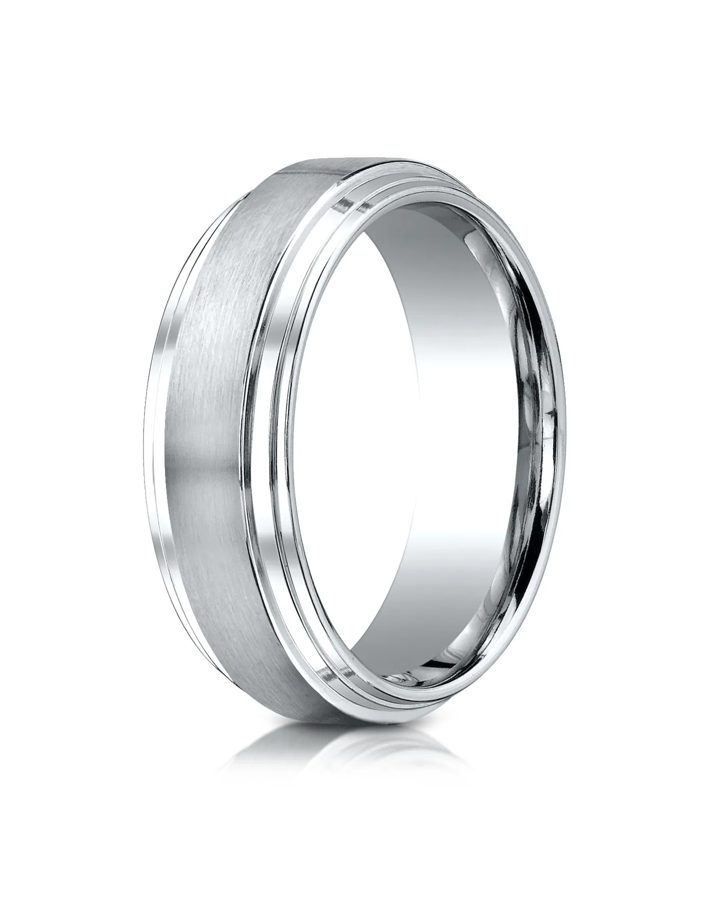 Benchmark 18k White Gold 8mm Comfort-Fit Satin-Finished Step Edge Carved Design Band, (Sizes 4-15)