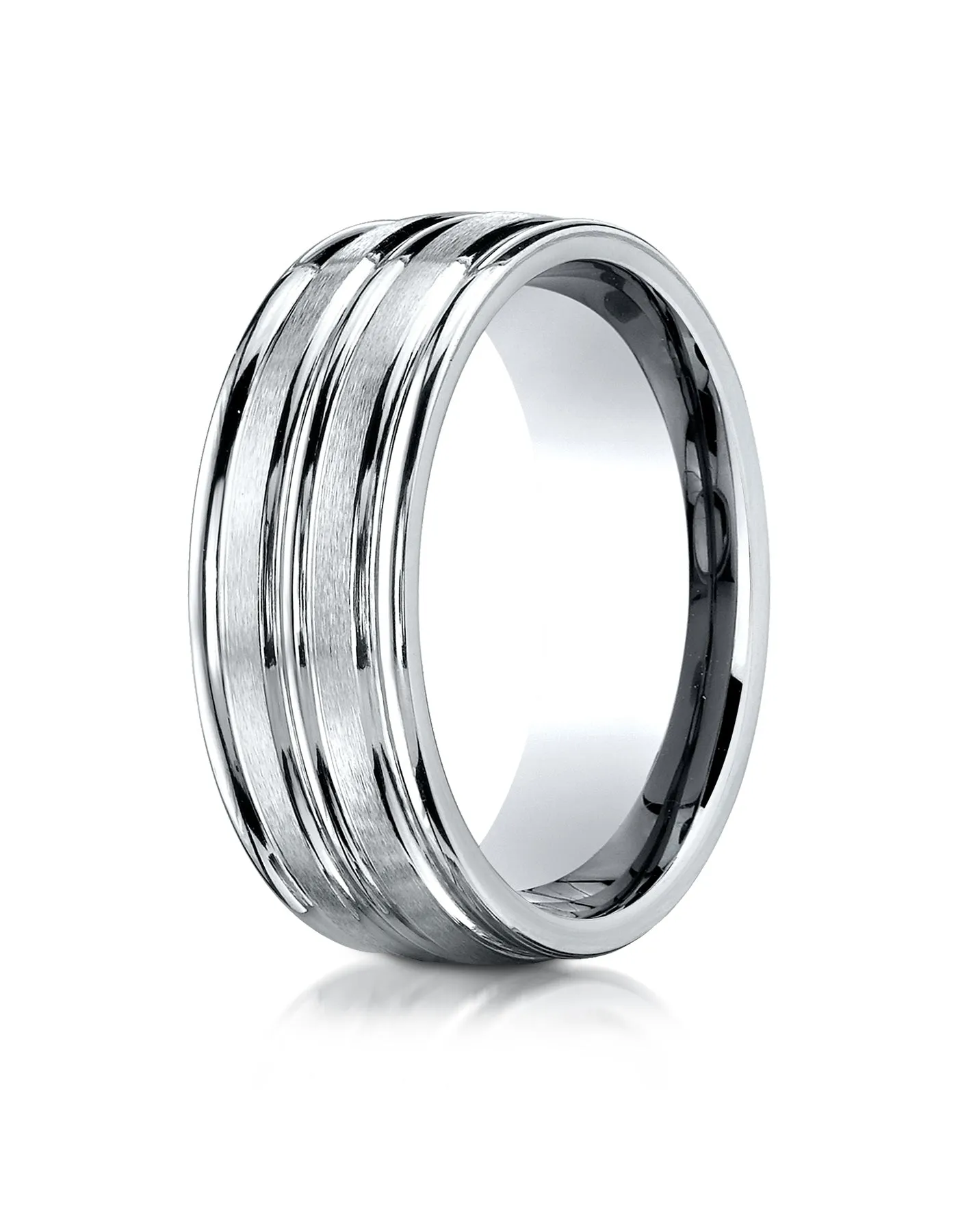Benchmark 18K White Gold 8mm Comfort-Fit with High Polish Center Trim and Round Edge Carved Design Ring
