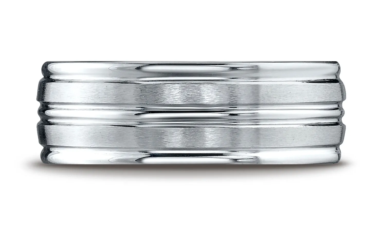 Benchmark 18K White Gold 8mm Comfort-Fit with High Polish Center Trim and Round Edge Carved Design Ring