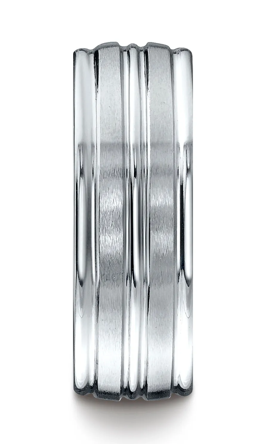 Benchmark 18K White Gold 8mm Comfort-Fit with High Polish Center Trim and Round Edge Carved Design Ring