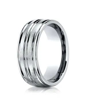 Benchmark 18K White Gold 8mm Comfort-Fit with High Polish Center Trim and Round Edge Carved Design Ring