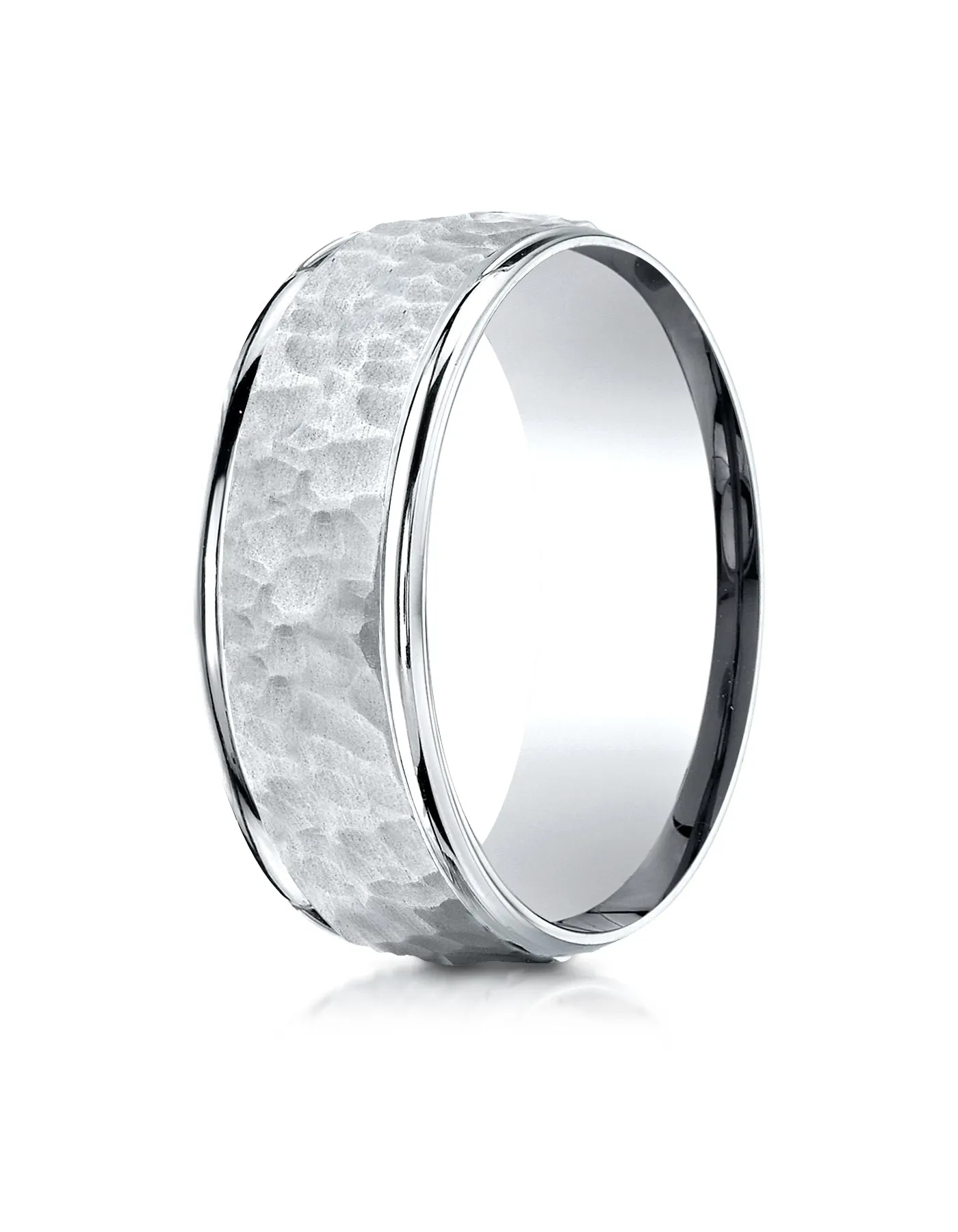 Benchmark 18K White Gold Comfort-Fit 8mm High Polish Edge Hammered Center Design Wedding Band Ring,.