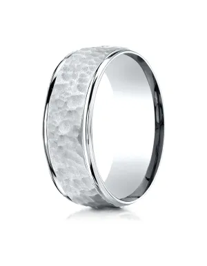 Benchmark 18K White Gold Comfort-Fit 8mm High Polish Edge Hammered Center Design Wedding Band Ring,.