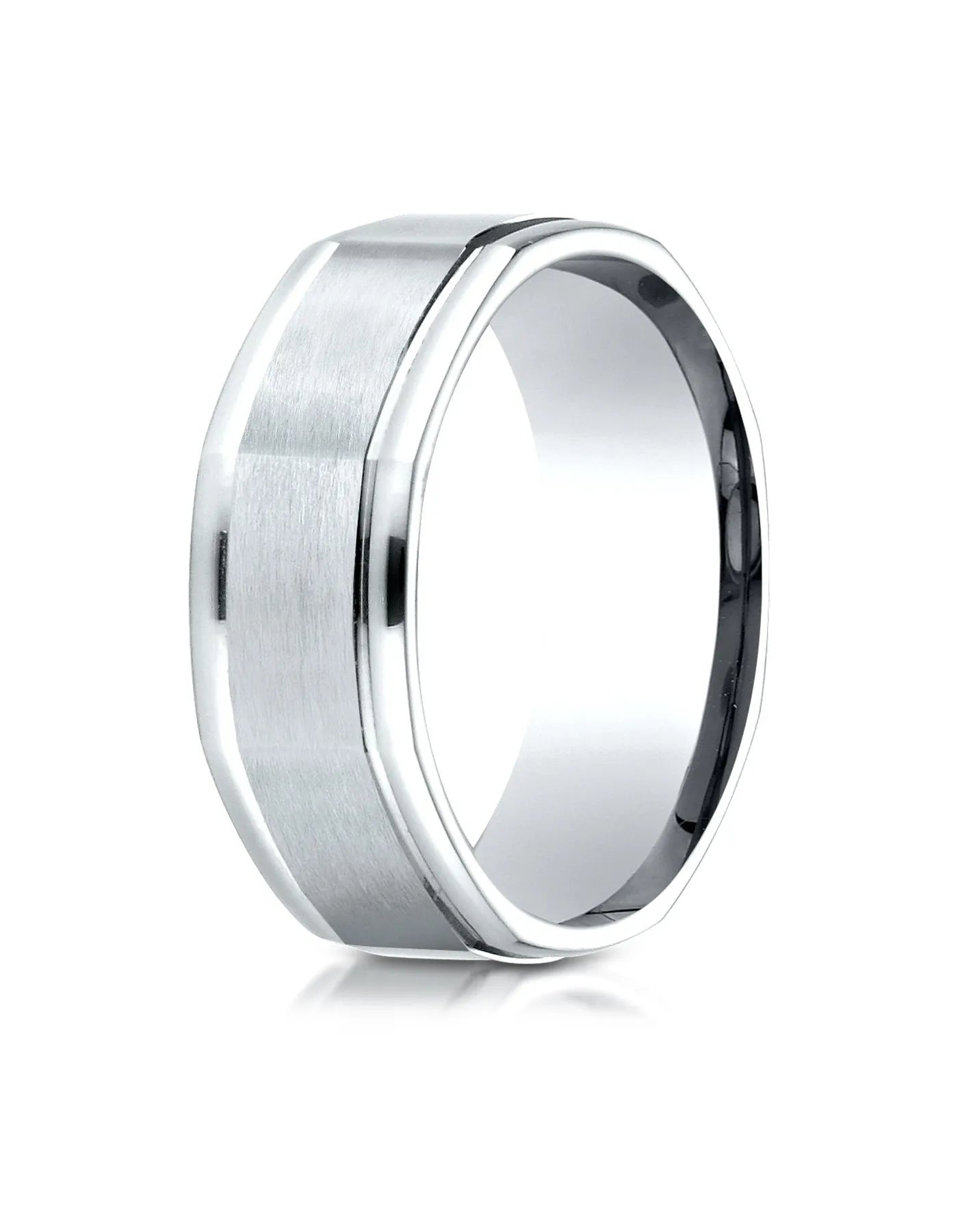 Benchmark 18K White Gold Comfort-Fit 8mm Round Edge Satin Finish Octagonal Design Wedding Band Ring