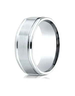 Benchmark 18K White Gold Comfort-Fit 8mm Round Edge Satin Finish Octagonal Design Wedding Band Ring