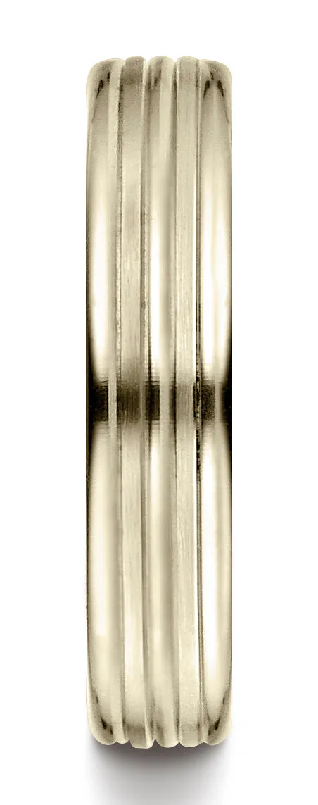 Benchmark 18K Yellow Gold 4mm Comfort-Fit with High Polish Center Trim and Round Edge Carved Design Ring