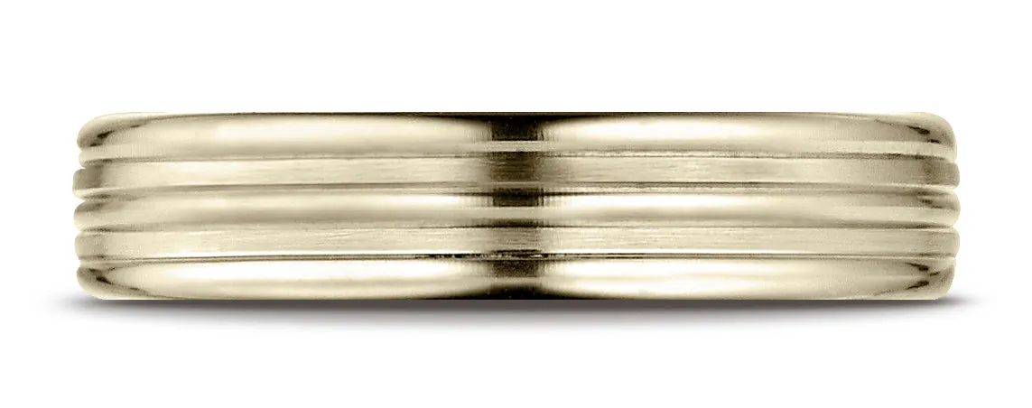 Benchmark 18K Yellow Gold 4mm Comfort-Fit with High Polish Center Trim and Round Edge Carved Design Ring