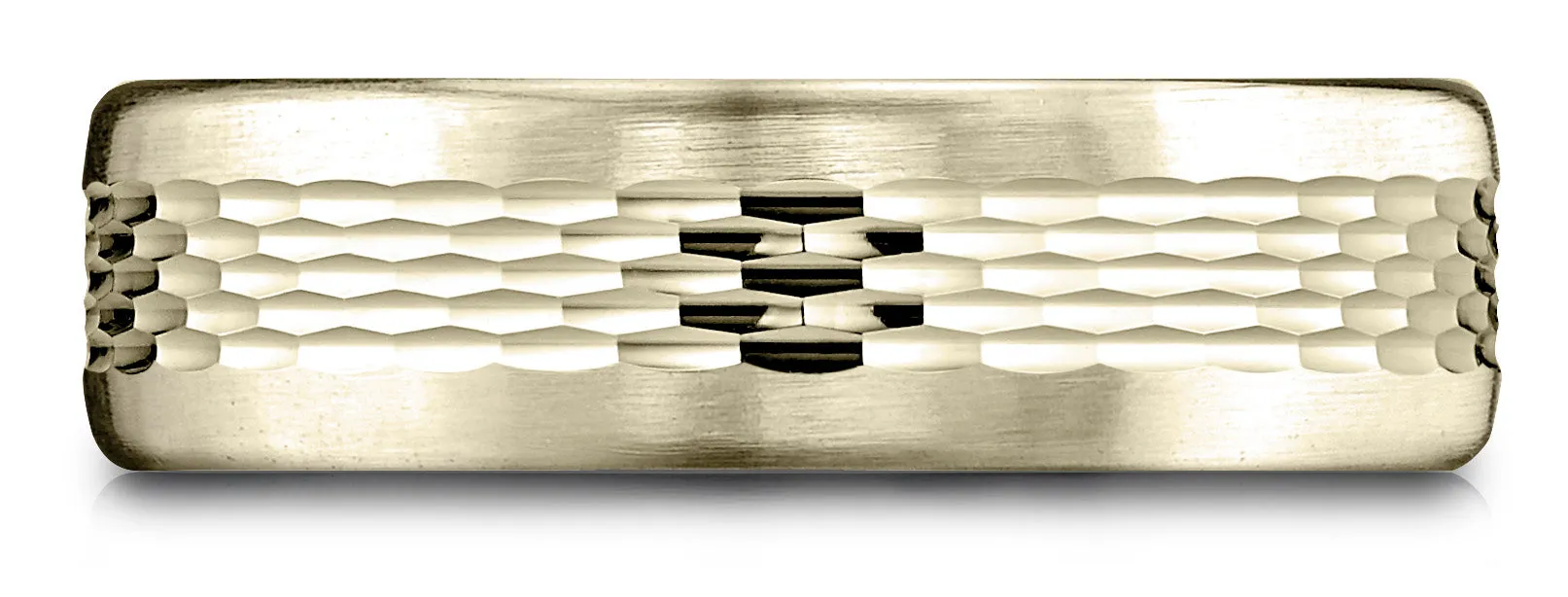 Benchmark 18k Yellow Gold 6.5mm Comfort-Fit Mesh Center Satin Finish Edge Design Band, (Sizes 4-14)