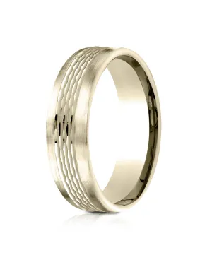 Benchmark 18k Yellow Gold 6.5mm Comfort-Fit Mesh Center Satin Finish Edge Design Band, (Sizes 4-14)