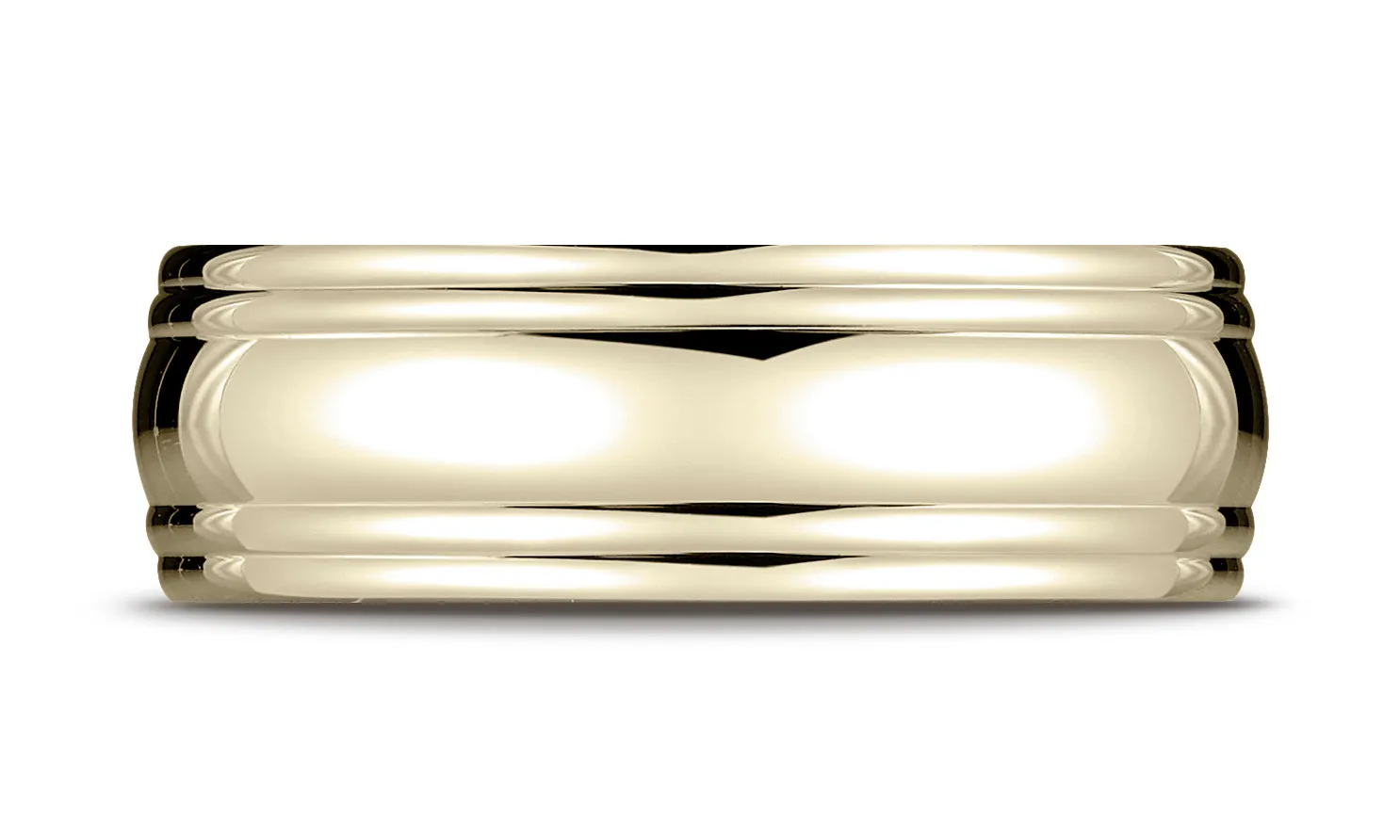 Benchmark 18K Yellow Gold 7.5mm Comfort-Fit High Polished Double Round Edge Carved Design Wedding Band